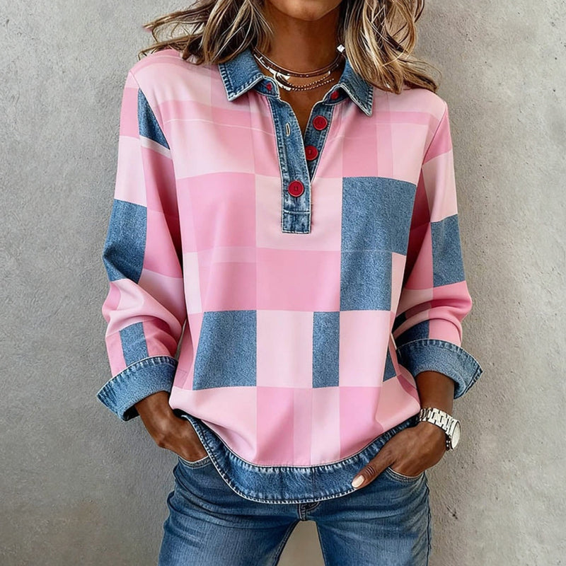 Casual Patchwork Button V-Neck Long Sleeve Top