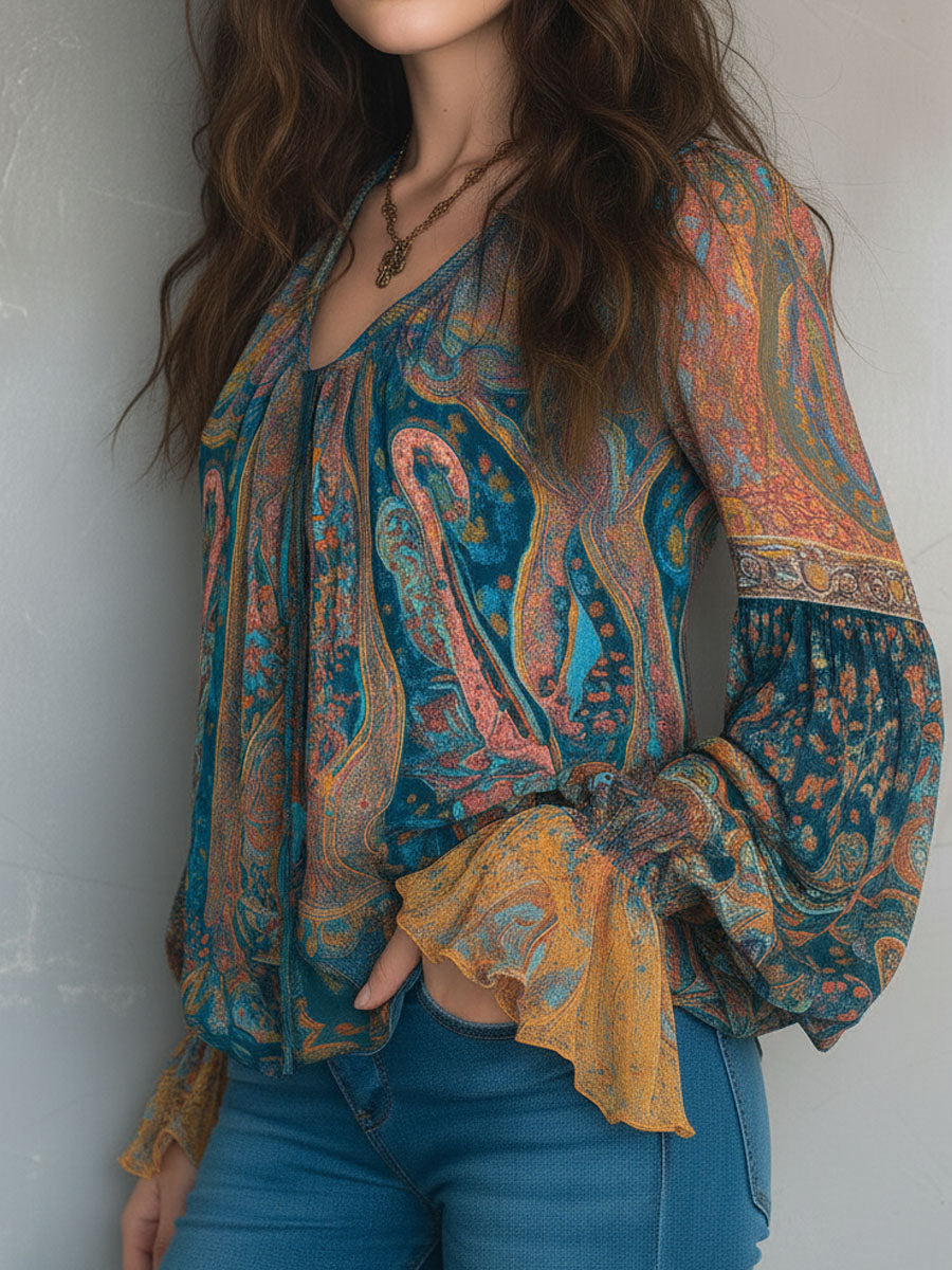 Mira™ | Bohemian Teal & Amber Paisley Chiffon Blouse With Ruffled Cuffs