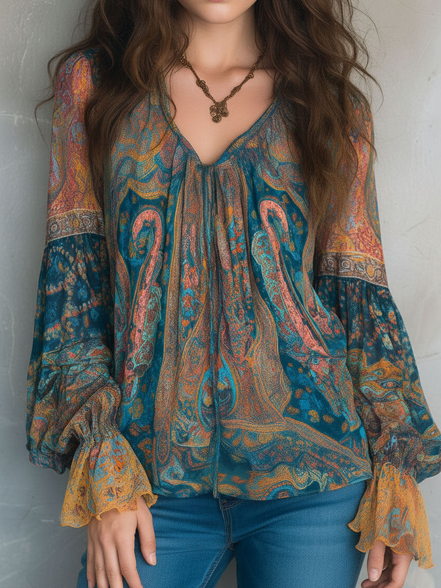 Mira™ | Bohemian Teal & Amber Paisley Chiffon Blouse With Ruffled Cuffs