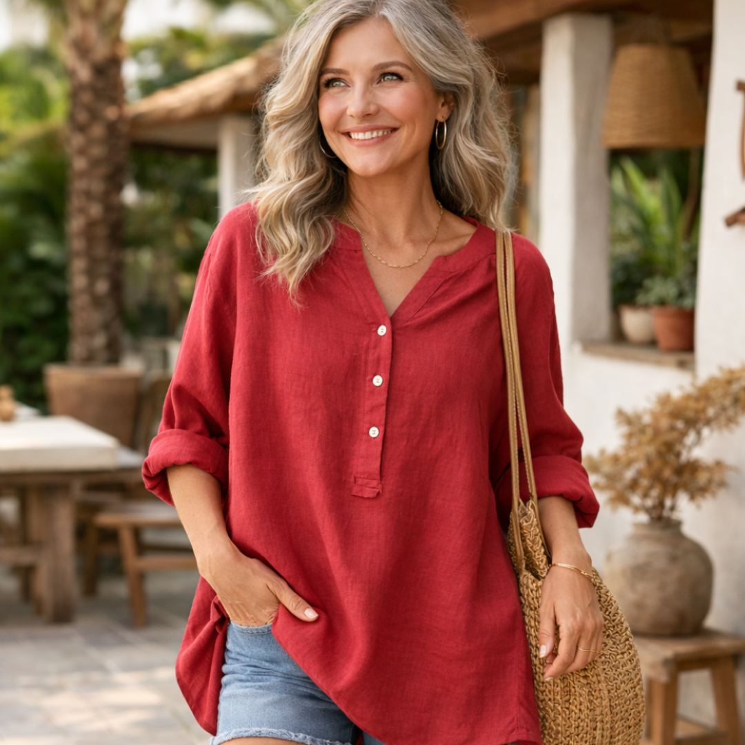 Veronique™ Elegant Cotton-Linen V-Neck Blouse