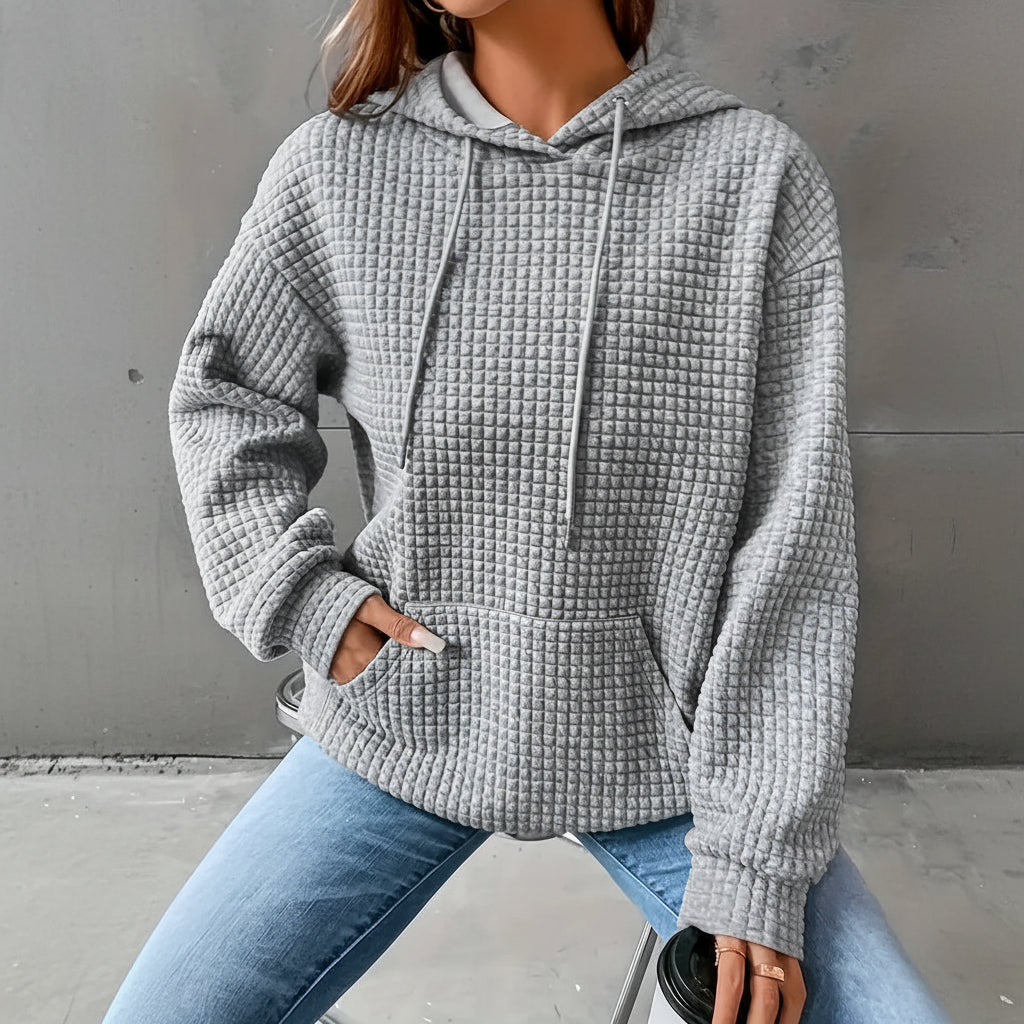 Waffle Grid Kangaroo Pocket Drawstring Hoodies Sweatshirt