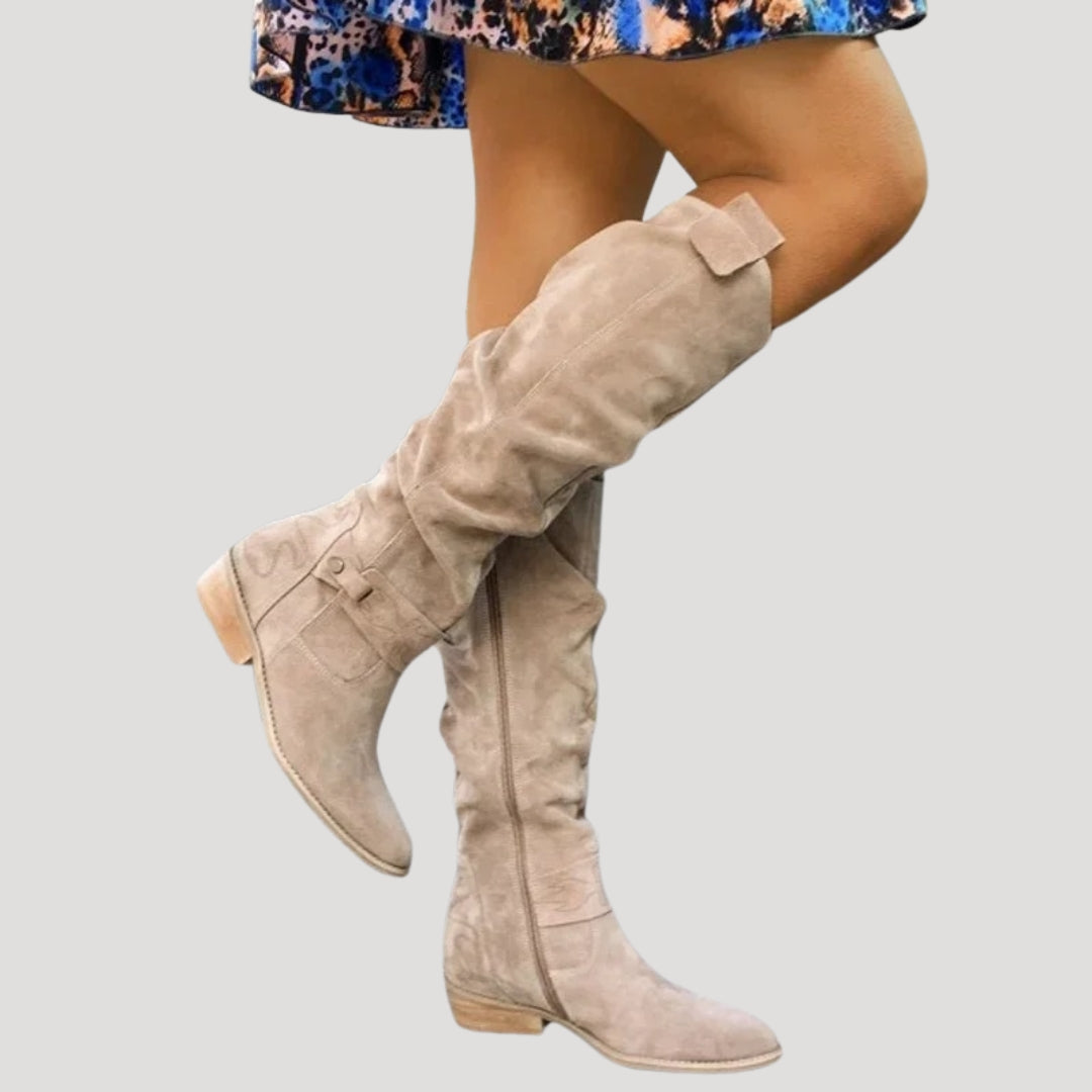 Women's knee-high suede leather boots with a low heel