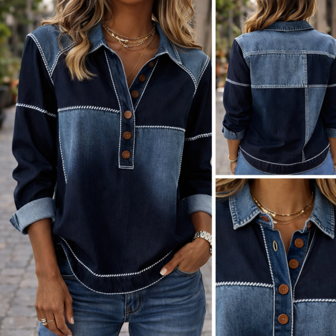 Casual Colorblock Button V-Neck Long Sleeve Top