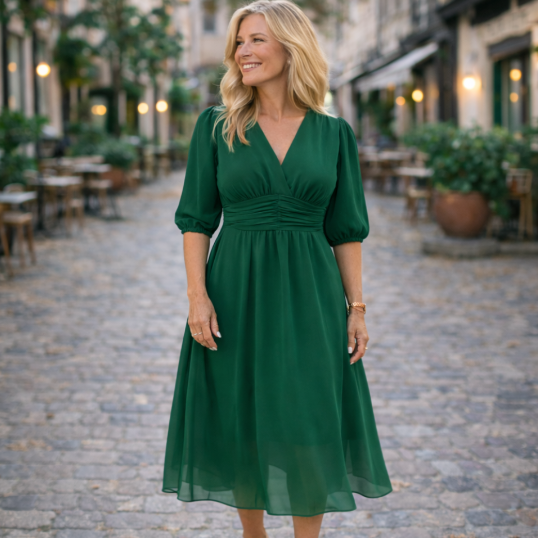 V-Neck Solid Color Waist Dress