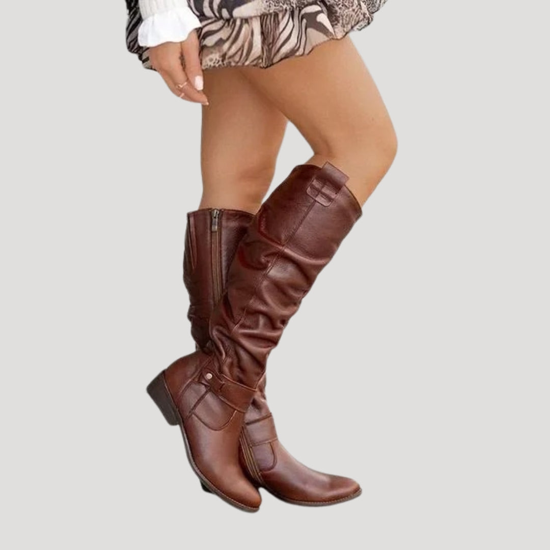 Women's knee-high suede leather boots with a low heel
