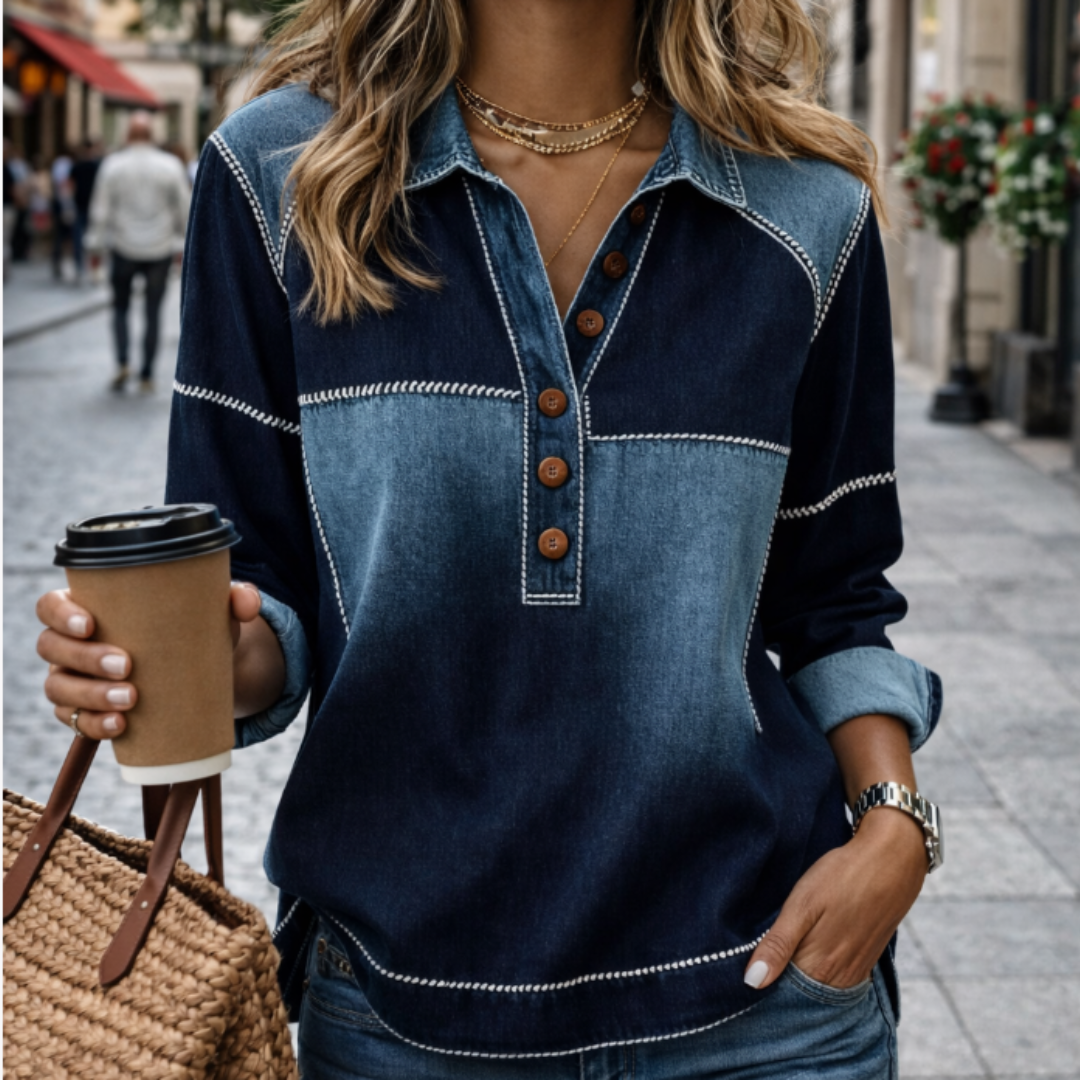 Casual Colorblock Button V-Neck Long Sleeve Top
