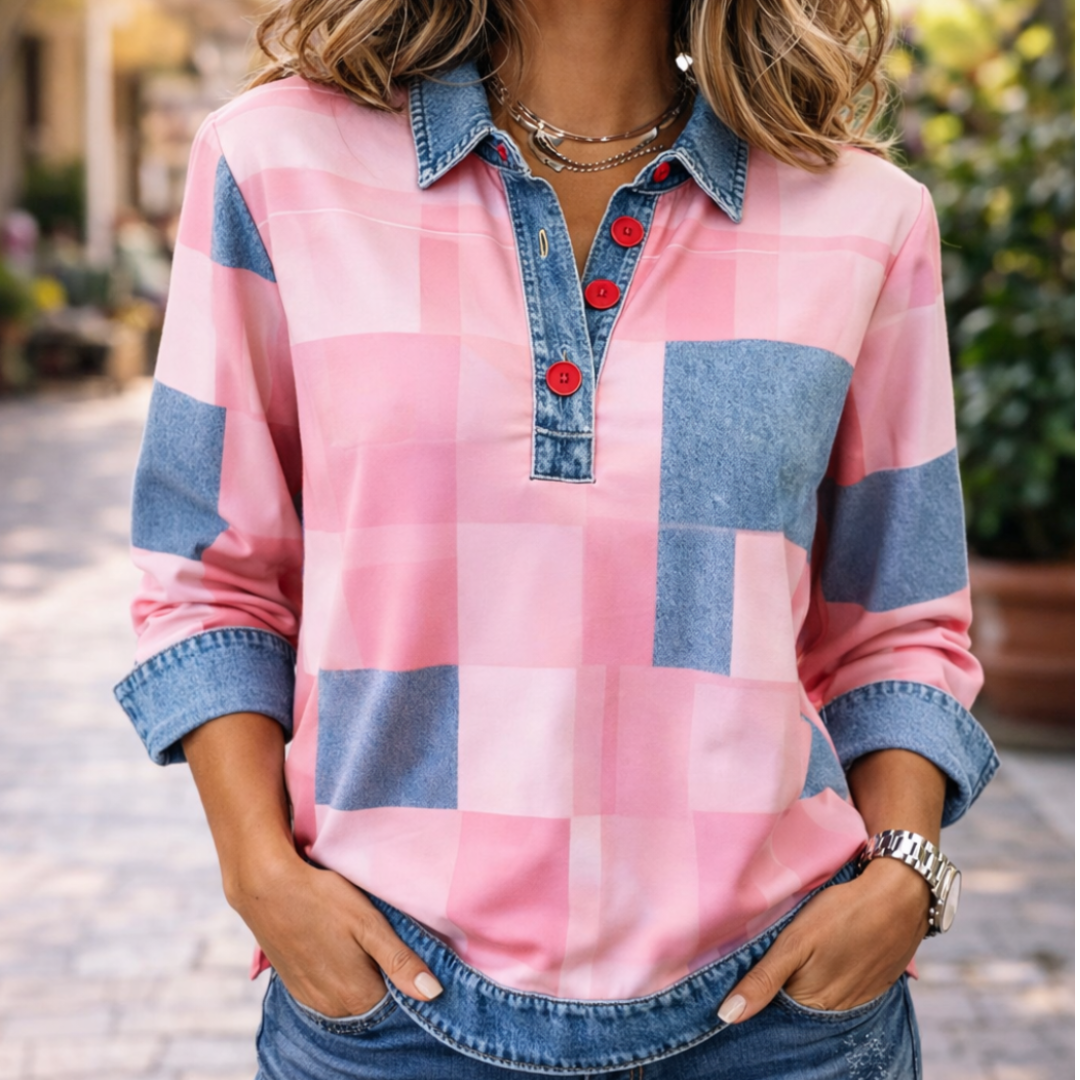 Casual Patchwork Button V-Neck Long Sleeve Top