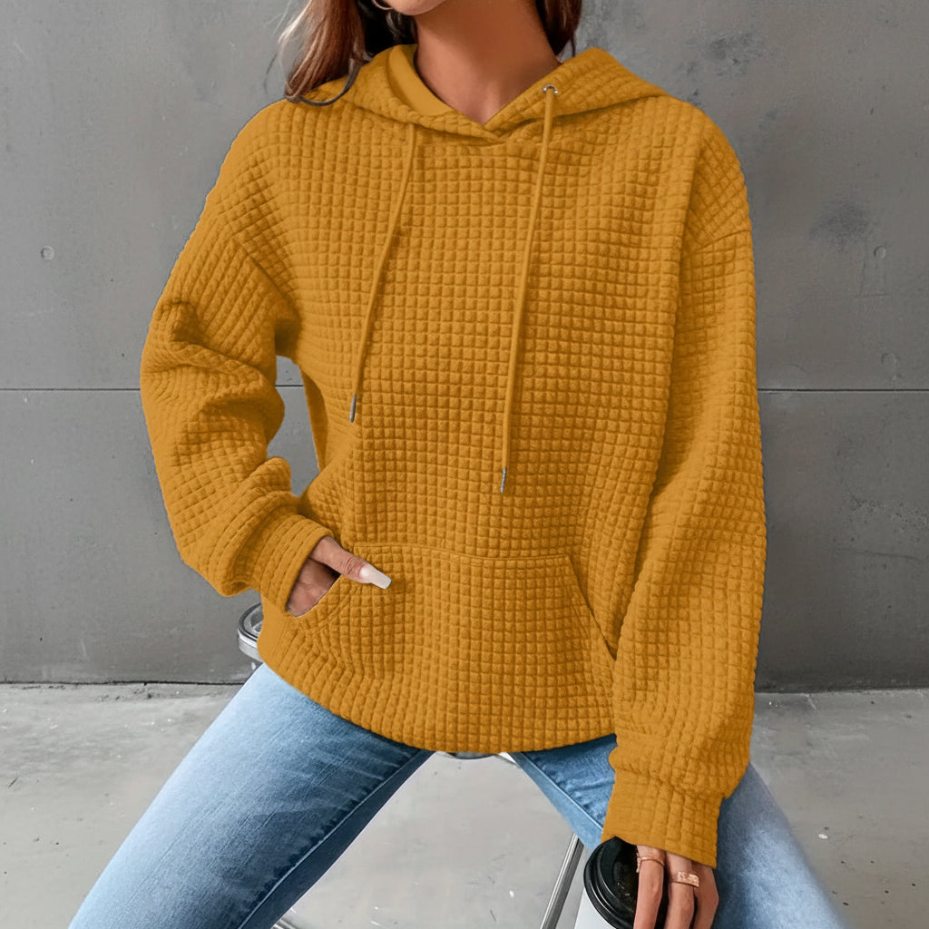 Waffle Grid Kangaroo Pocket Drawstring Hoodies Sweatshirt