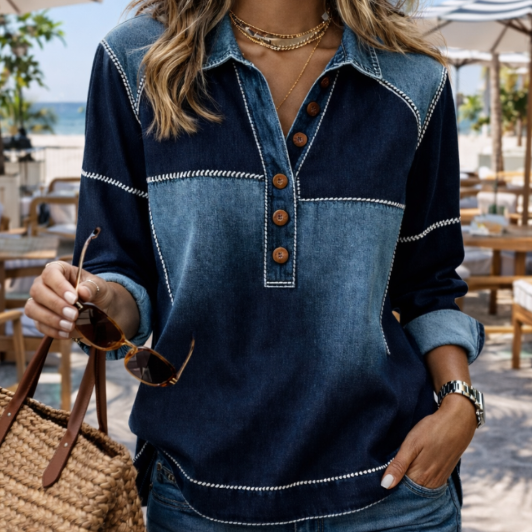 Casual Colorblock Button V-Neck Long Sleeve Top