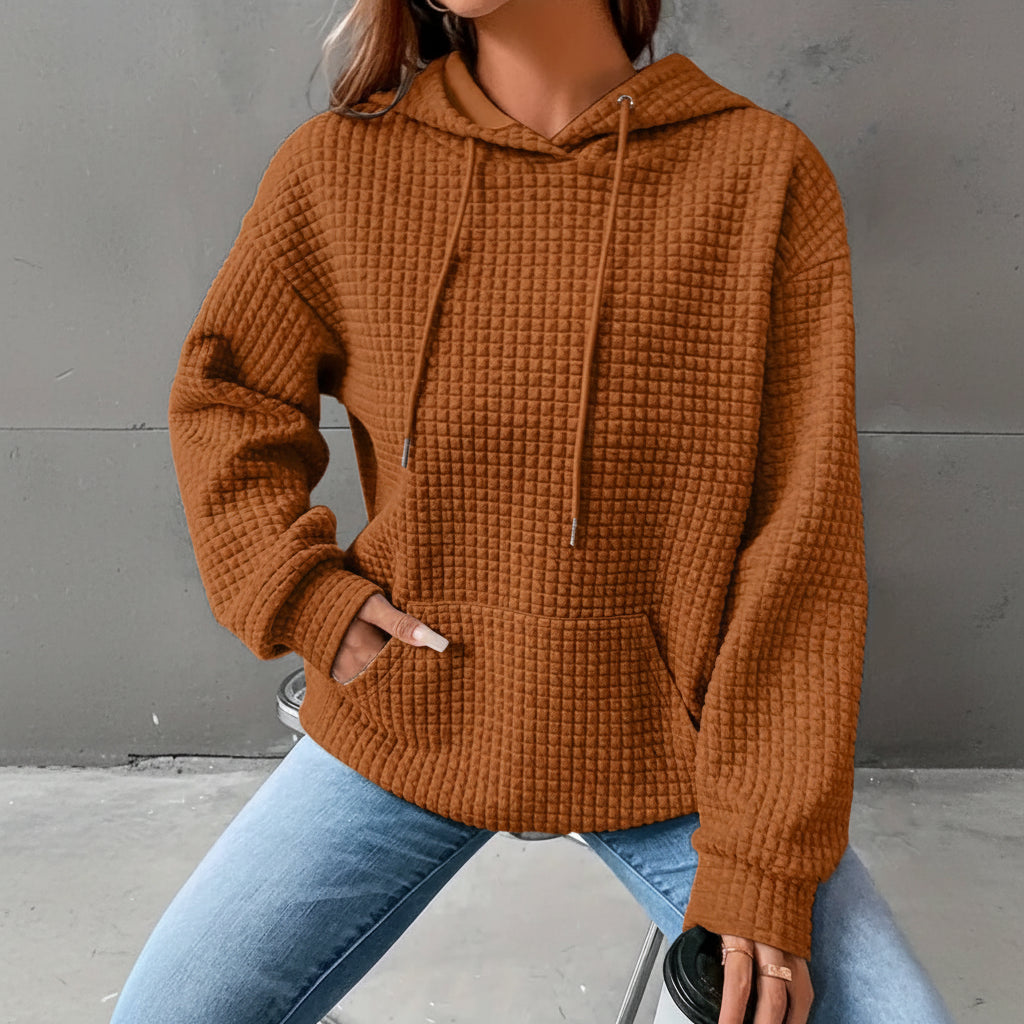 Waffle Grid Kangaroo Pocket Drawstring Hoodies Sweatshirt
