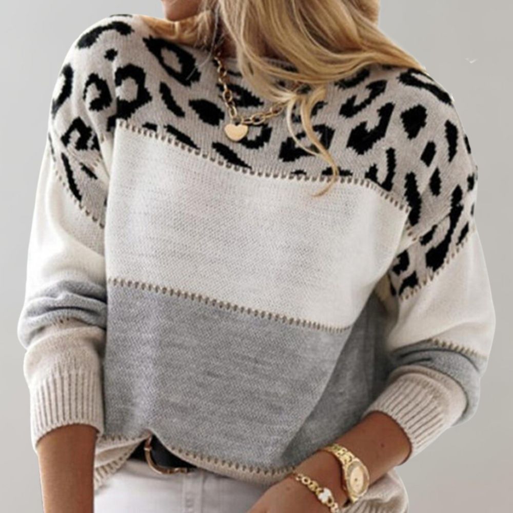 Viola – Women’s Soft Knit Colour Block Sweater with Leopard Print