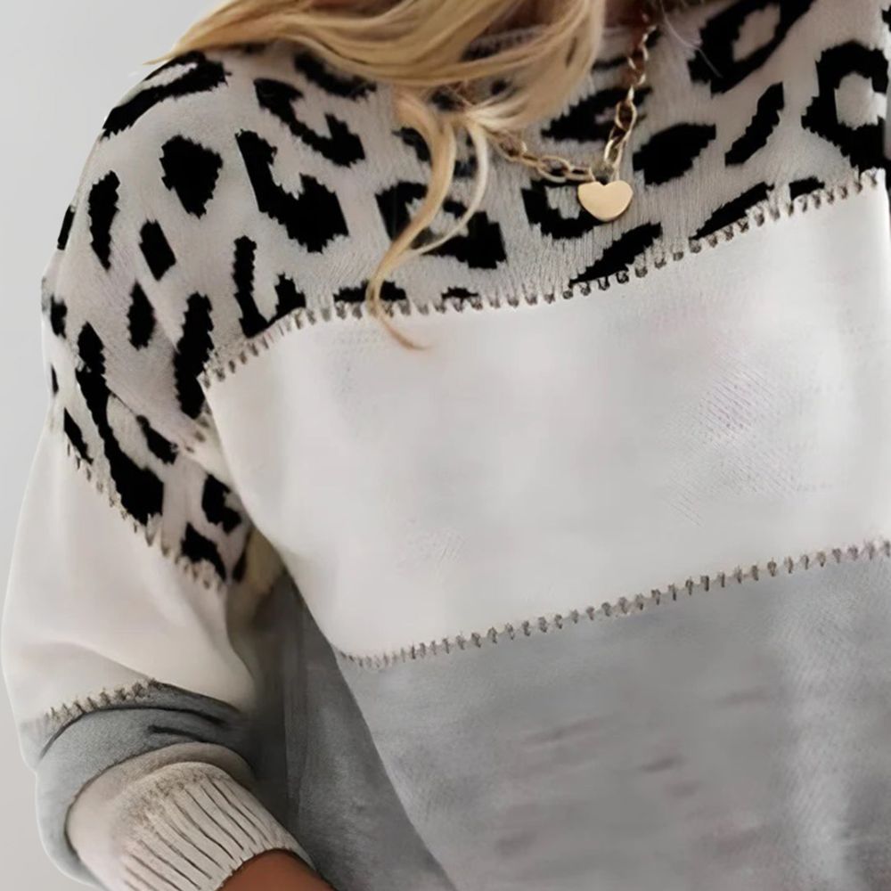 Viola – Women’s Soft Knit Colour Block Sweater with Leopard Print