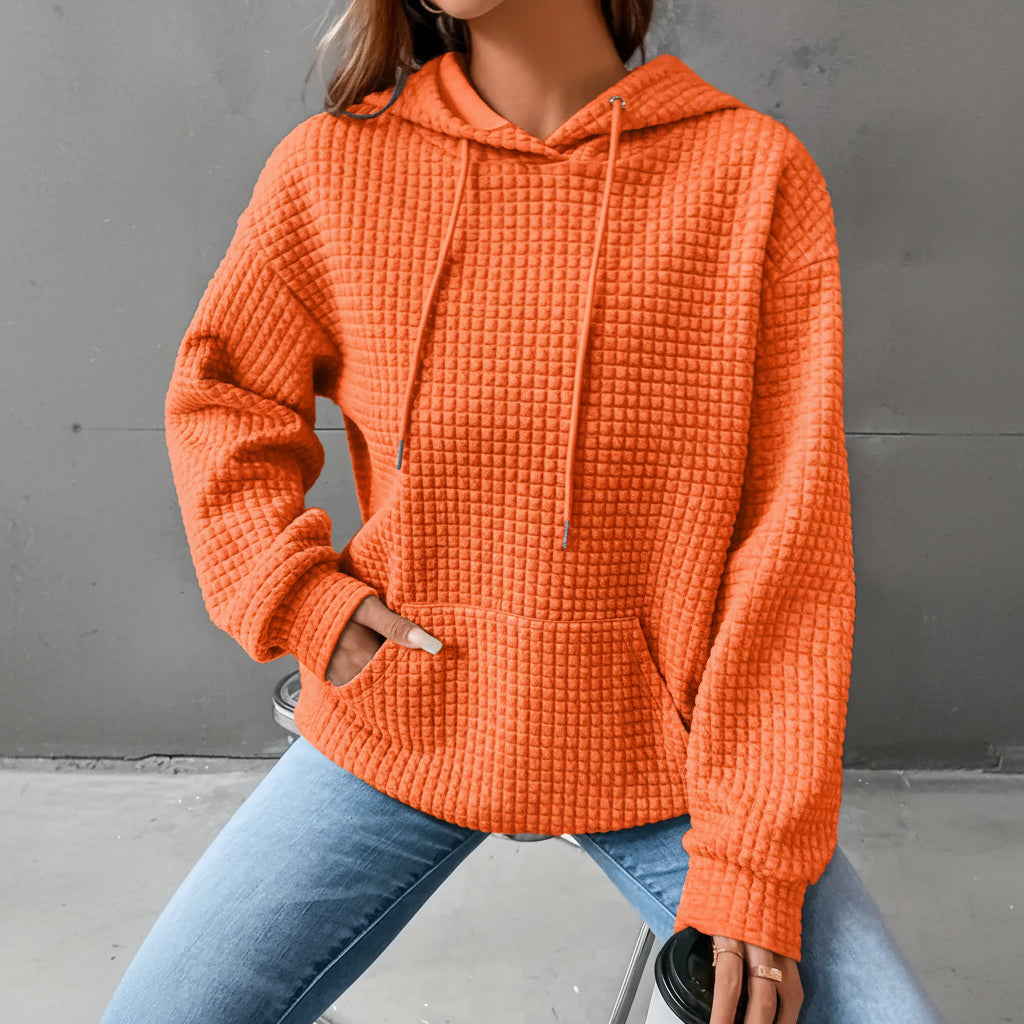 Waffle Grid Kangaroo Pocket Drawstring Hoodies Sweatshirt