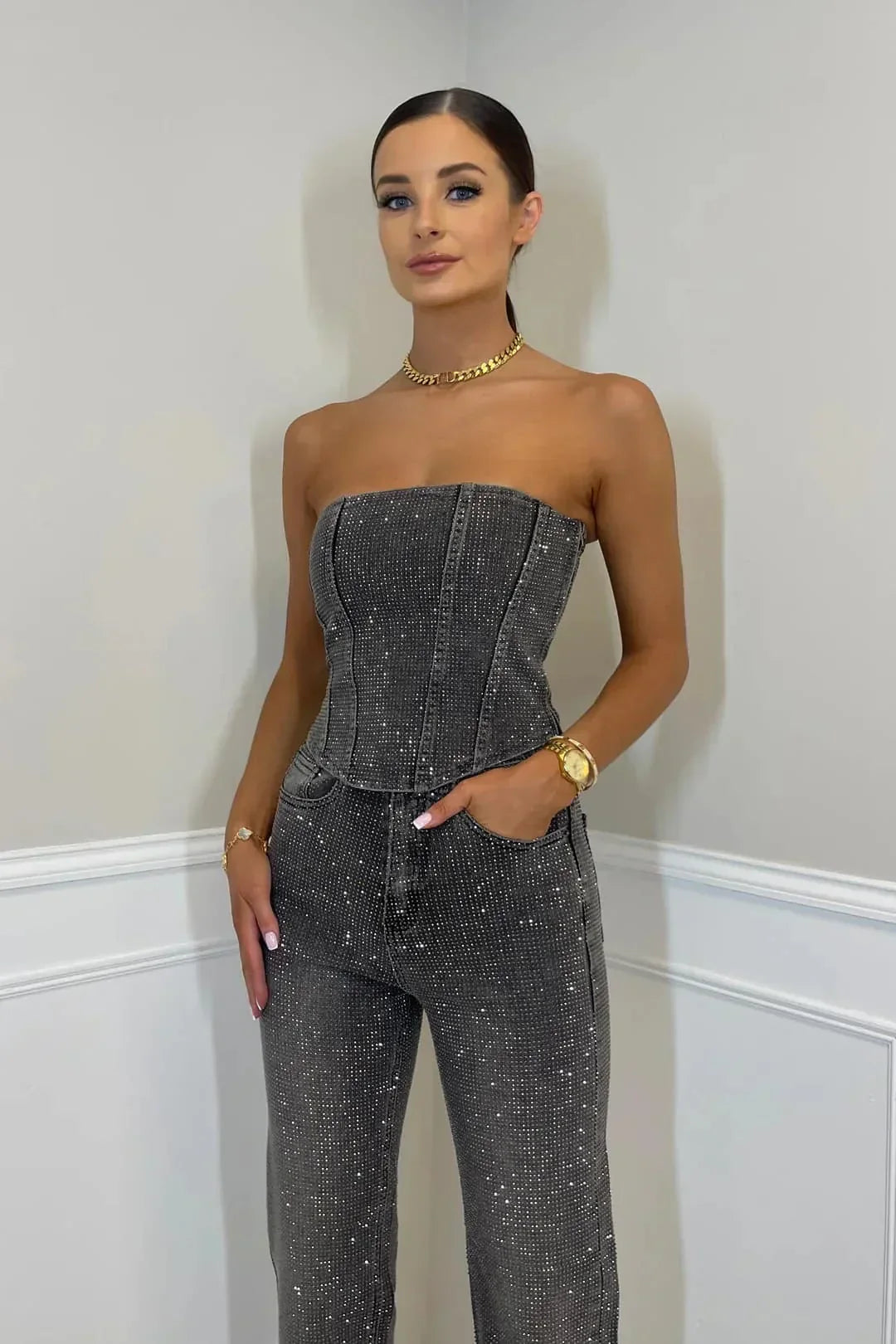 Glittering women's trouser set with high-waist jeans – Liora