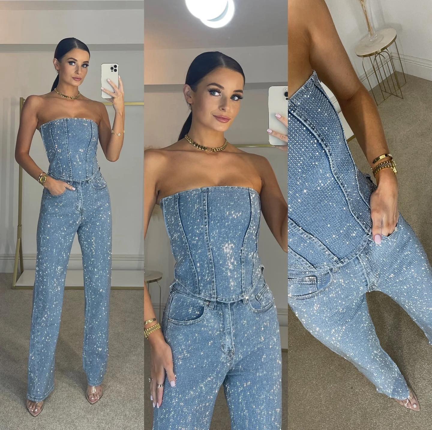 Glittering women's trouser set with high-waist jeans – Liora