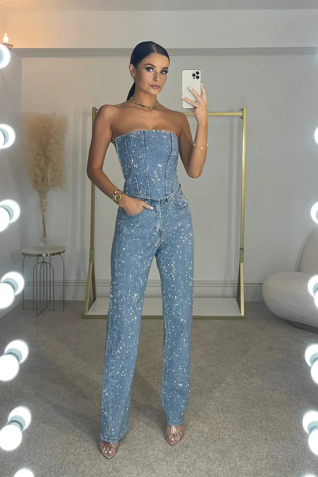 Glittering women's trouser set with high-waist jeans – Liora