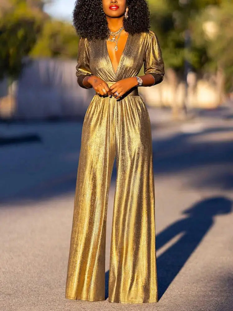 Women's Emerald Metallic Sleeveless Jumpsuit with Wide Legs