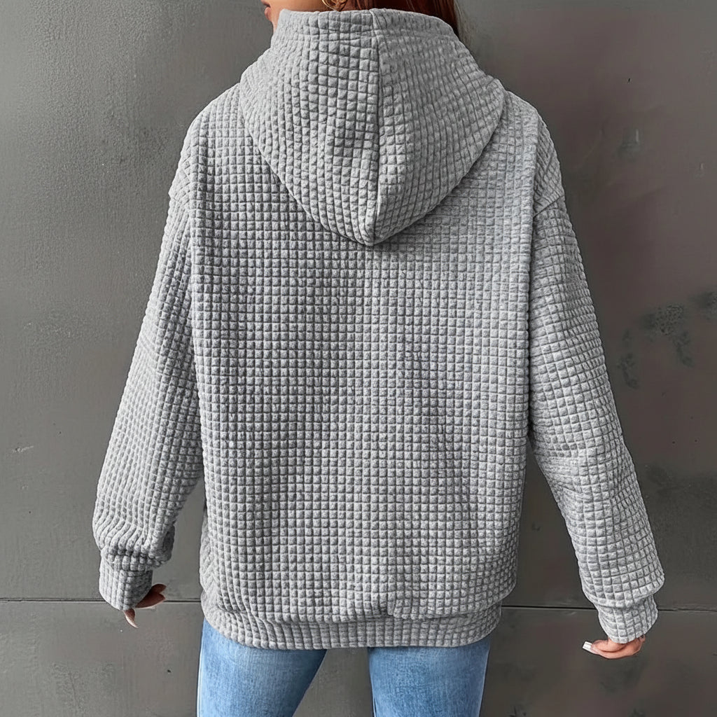 Waffle Grid Kangaroo Pocket Drawstring Hoodies Sweatshirt