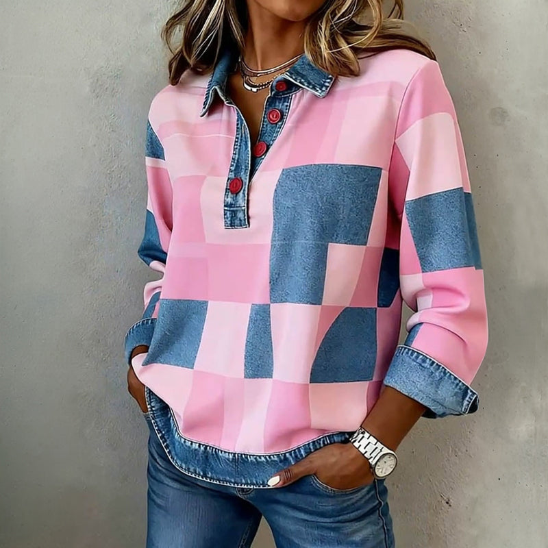 Casual Patchwork Button V-Neck Long Sleeve Top