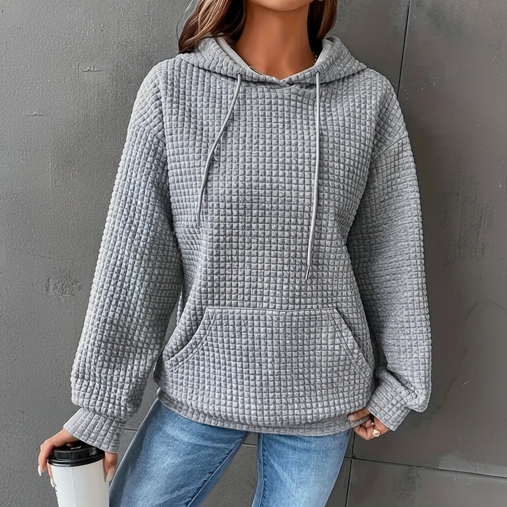 Waffle Grid Kangaroo Pocket Drawstring Hoodies Sweatshirt