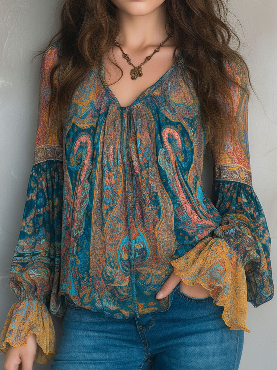 Mira™ | Bohemian Teal & Amber Paisley Chiffon Blouse With Ruffled Cuffs