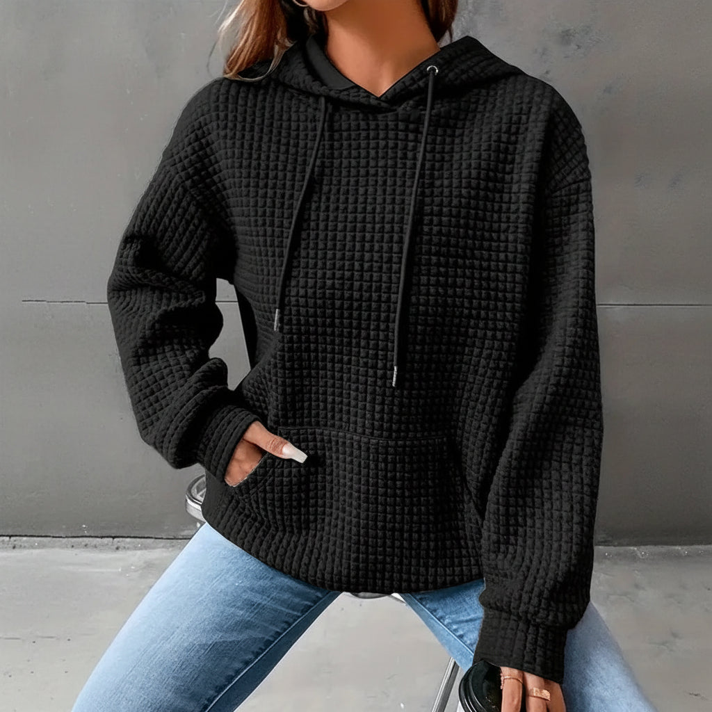 Waffle Grid Kangaroo Pocket Drawstring Hoodies Sweatshirt