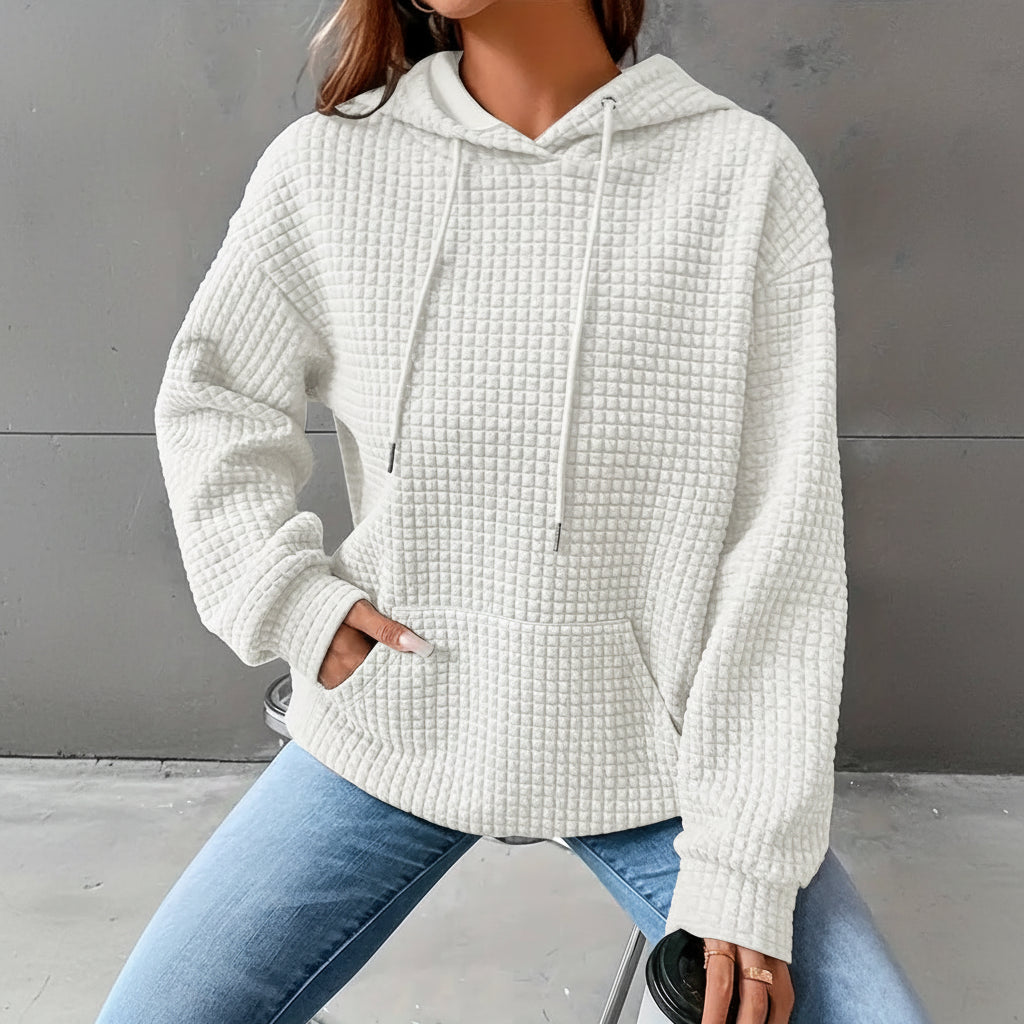 Waffle Grid Kangaroo Pocket Drawstring Hoodies Sweatshirt