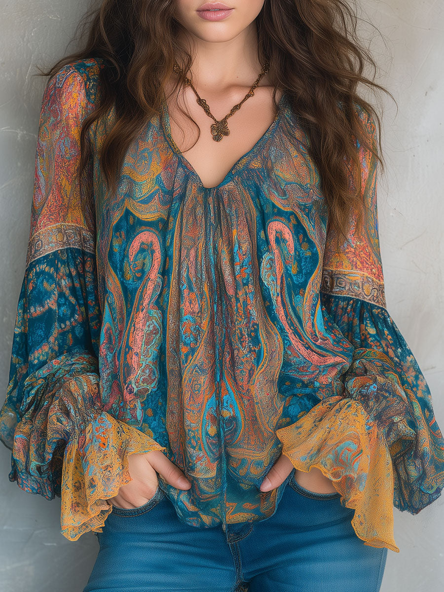 Mira™ | Bohemian Teal & Amber Paisley Chiffon Blouse With Ruffled Cuffs