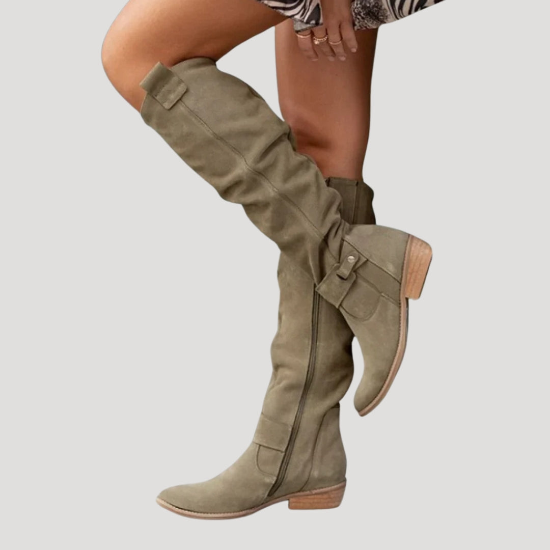 Women's knee-high suede leather boots with a low heel