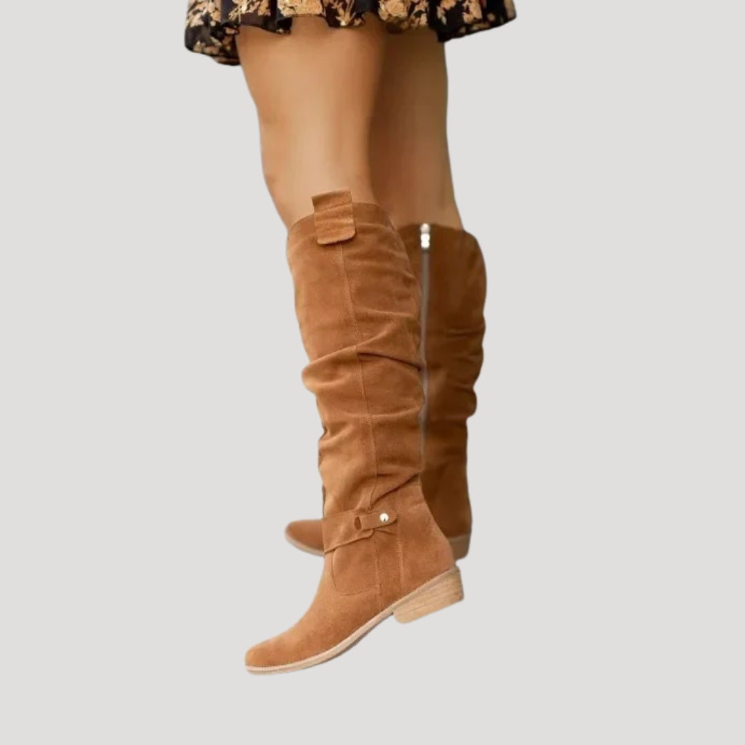 Women's knee-high suede leather boots with a low heel
