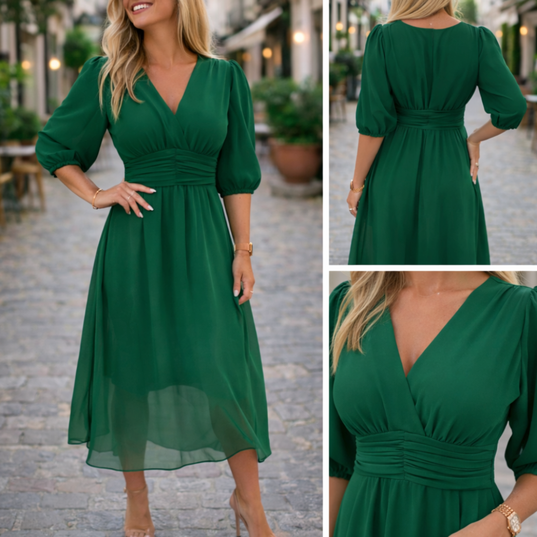 V-Neck Solid Color Waist Dress