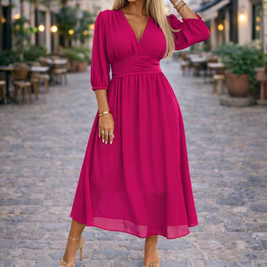 V-Neck Solid Color Waist Dress