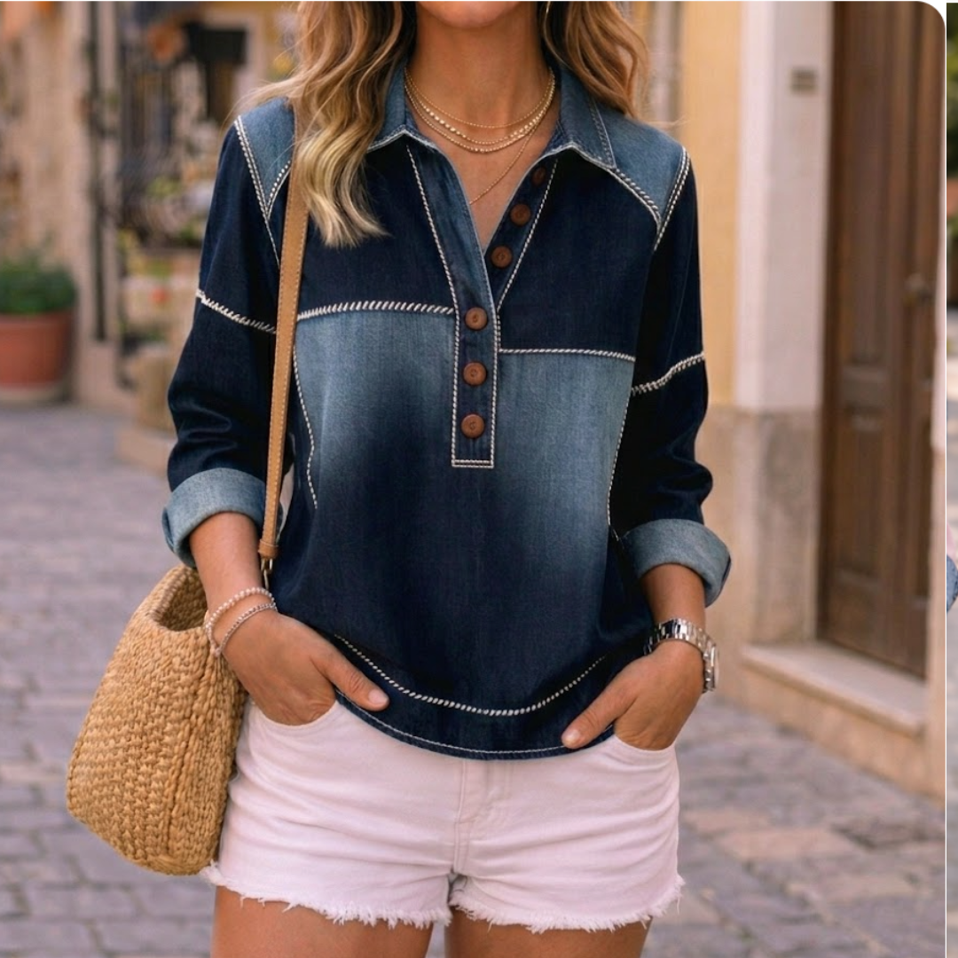 Casual Colorblock Button V-Neck Long Sleeve Top