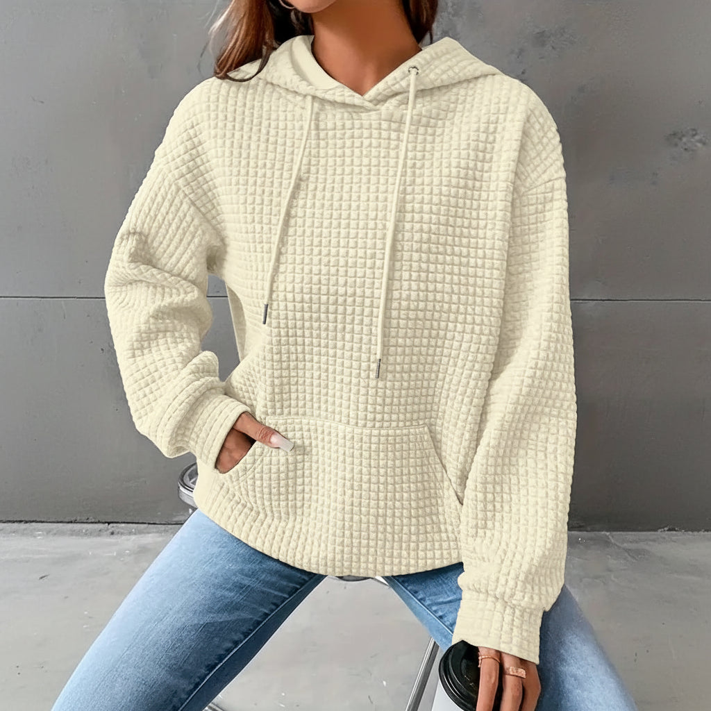 Waffle Grid Kangaroo Pocket Drawstring Hoodies Sweatshirt