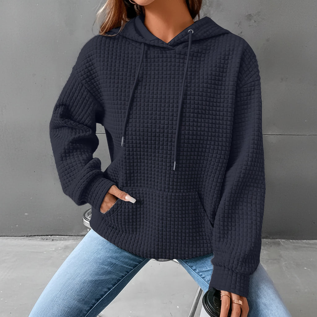 Waffle Grid Kangaroo Pocket Drawstring Hoodies Sweatshirt