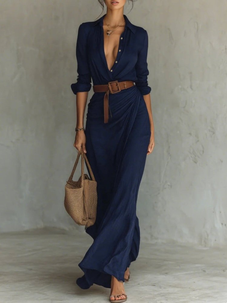 Long belted dress with long sleeves and lapels