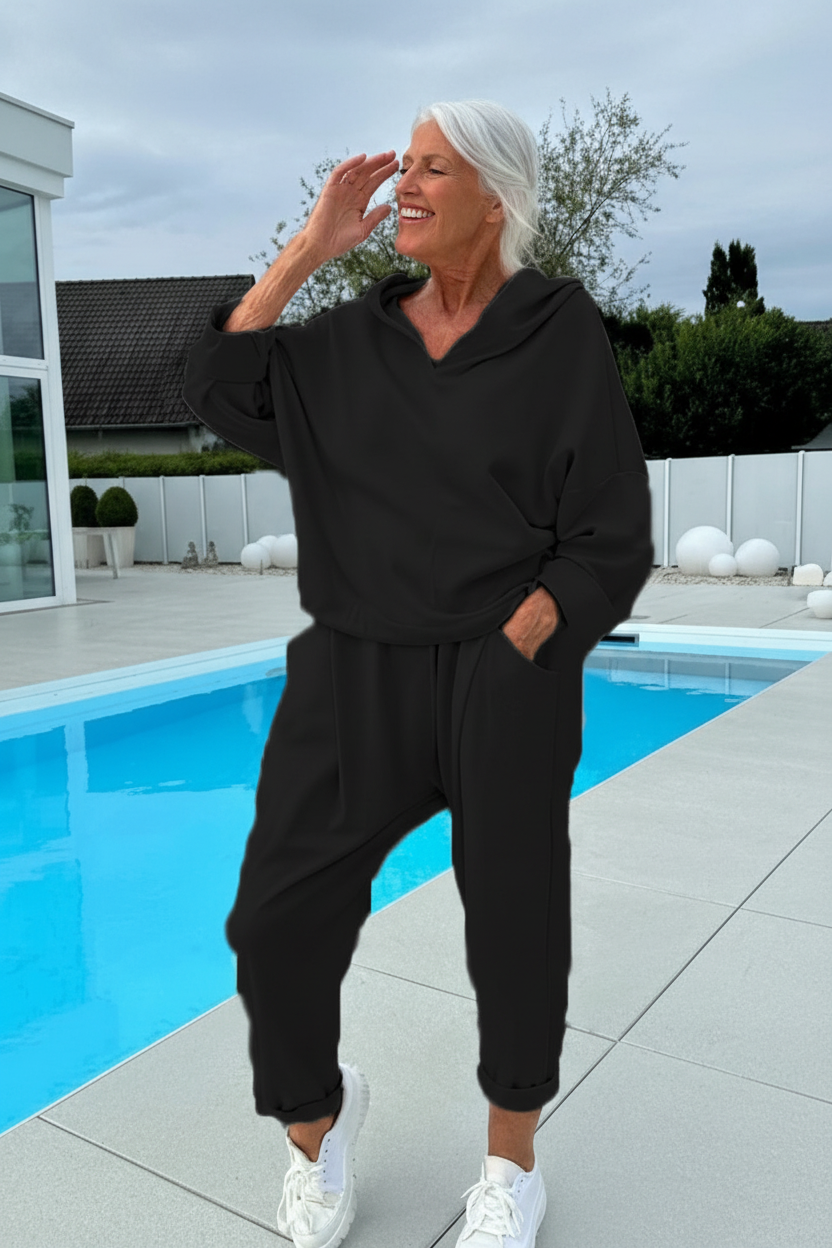 Women's Two-Piece Solid Color Hooded Sweatshirt Set