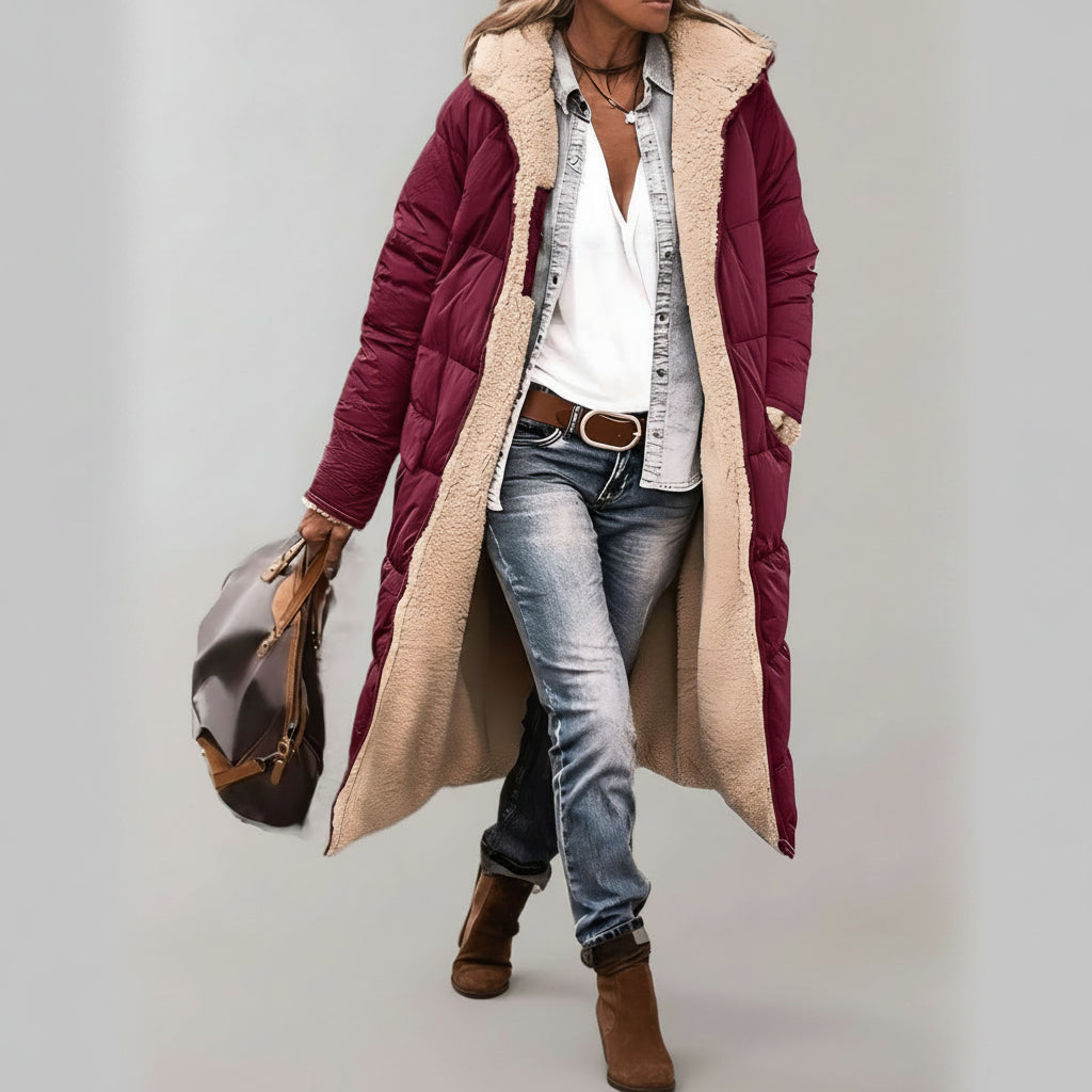 Relaxed Fit Quilted Hooded Full-Length Puffer Coat for Women – Cozy Warmth & Practicality