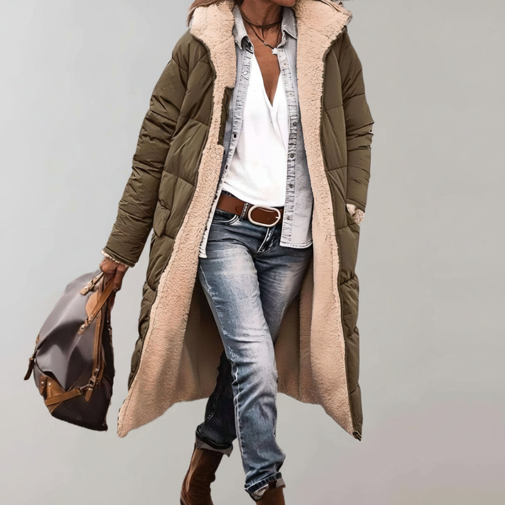 Relaxed Fit Quilted Hooded Full-Length Puffer Coat for Women – Cozy Warmth & Practicality