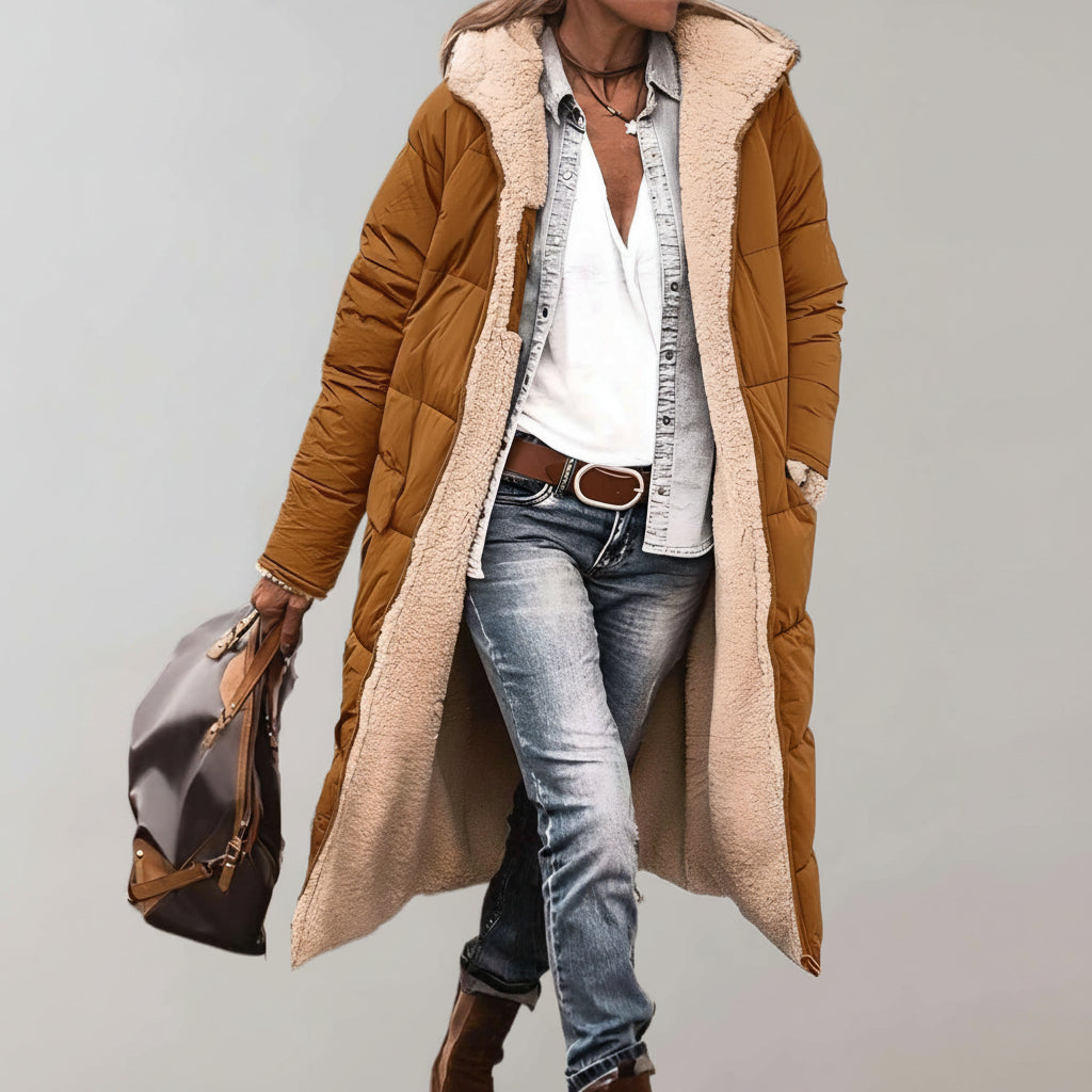 Relaxed Fit Quilted Hooded Full-Length Puffer Coat for Women – Cozy Warmth & Practicality