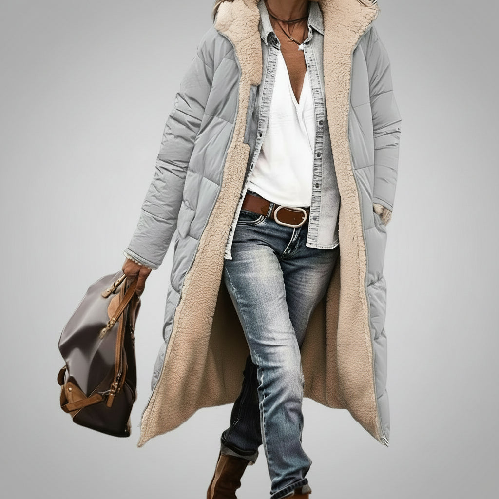Relaxed Fit Quilted Hooded Full-Length Puffer Coat for Women – Cozy Warmth & Practicality