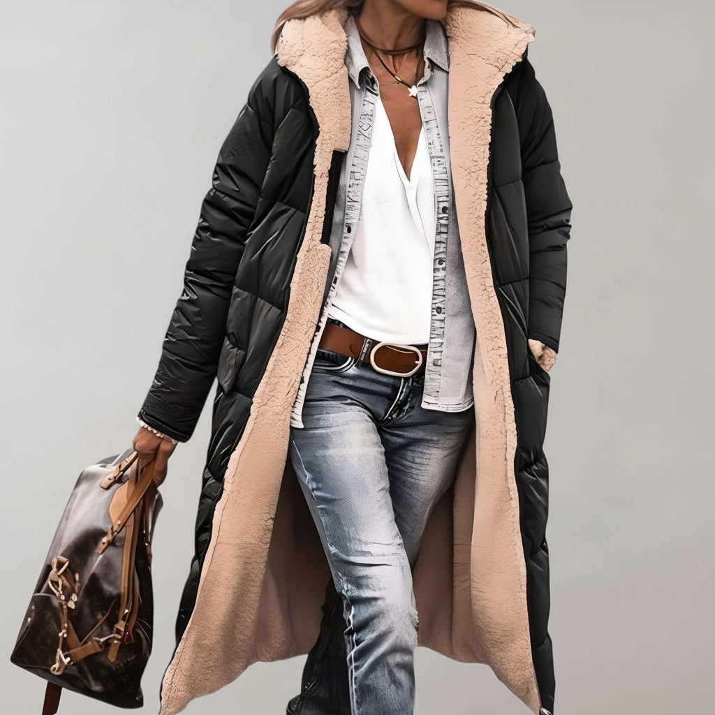 Relaxed Fit Quilted Hooded Full-Length Puffer Coat for Women – Cozy Warmth & Practicality