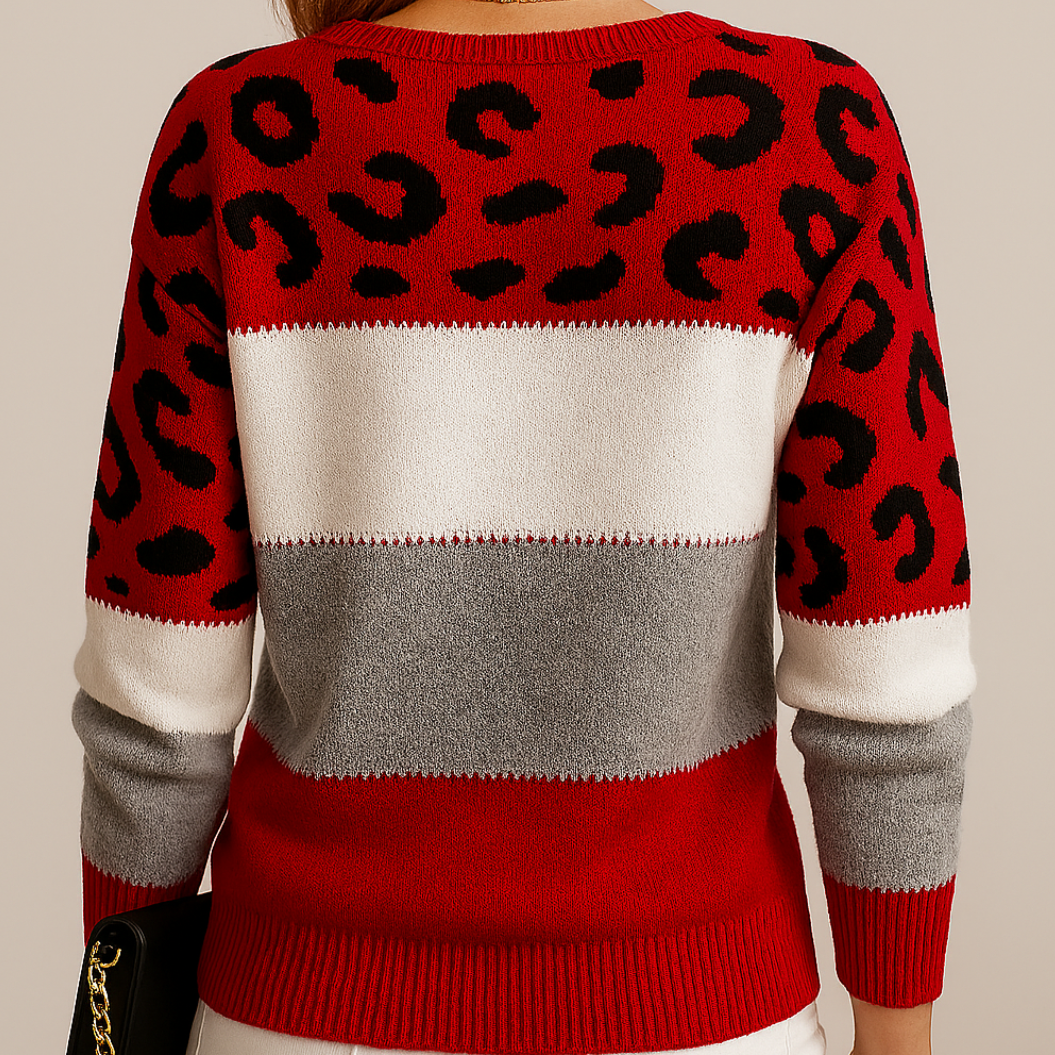 Viola – Women’s Soft Knit Colour Block Sweater with Leopard Print