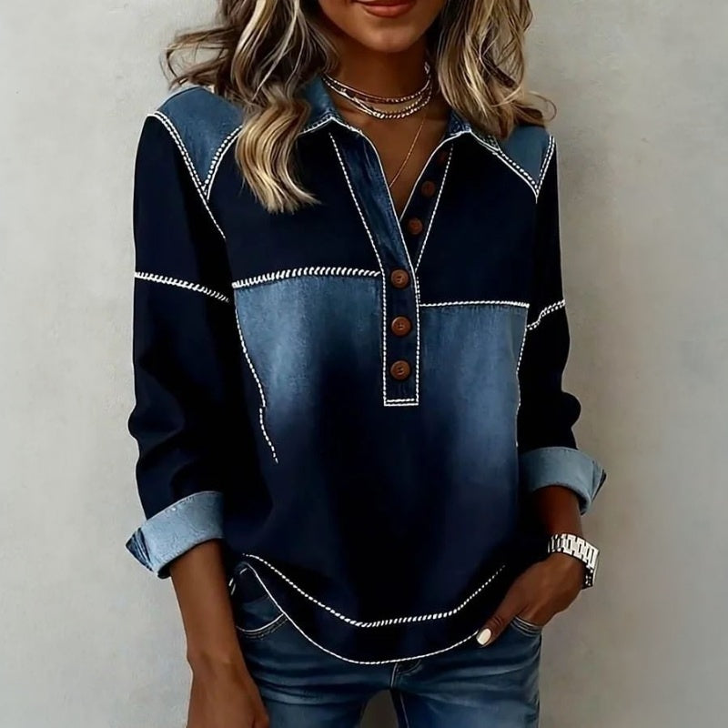 Casual Colorblock Button V-Neck Long Sleeve Top