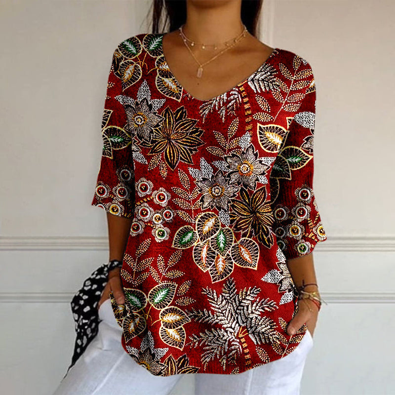 Vintage Leaf Print Long Sleeve T-Shirt