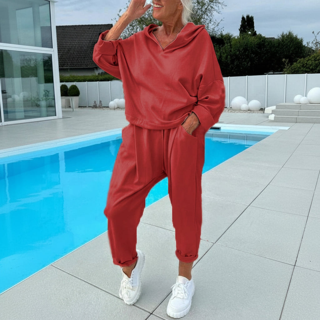 Women's Two-Piece Solid Color Hooded Sweatshirt Set