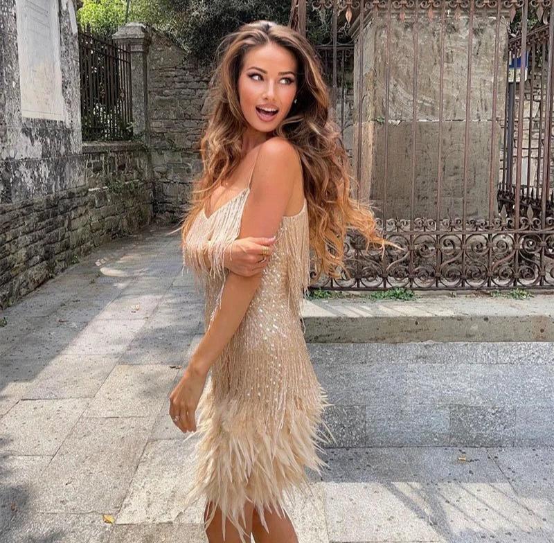 Women's Feather Mini Dress Short Partywear Evening Dress