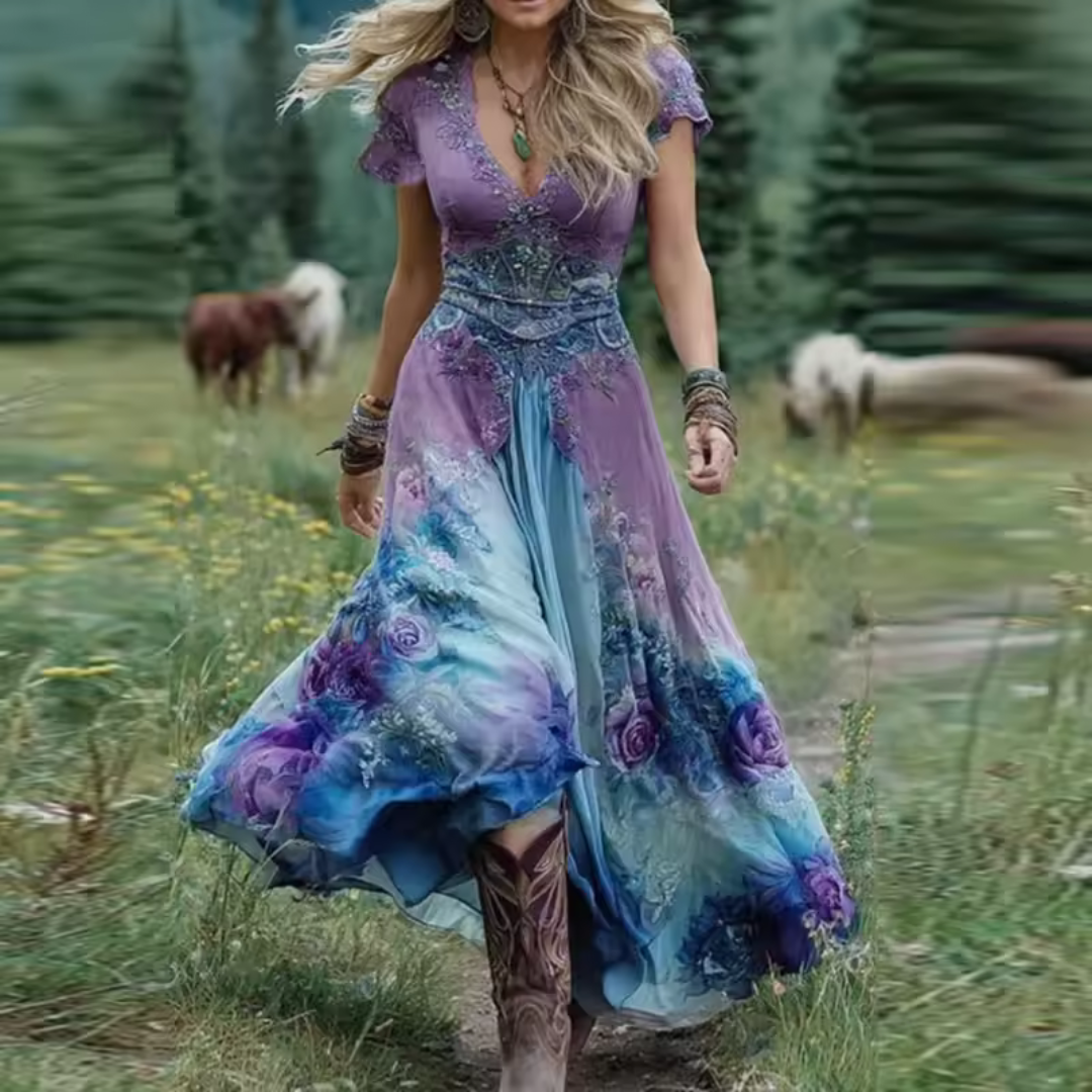 Women's Floral Casual Dress with V-Neck and Short Sleeves