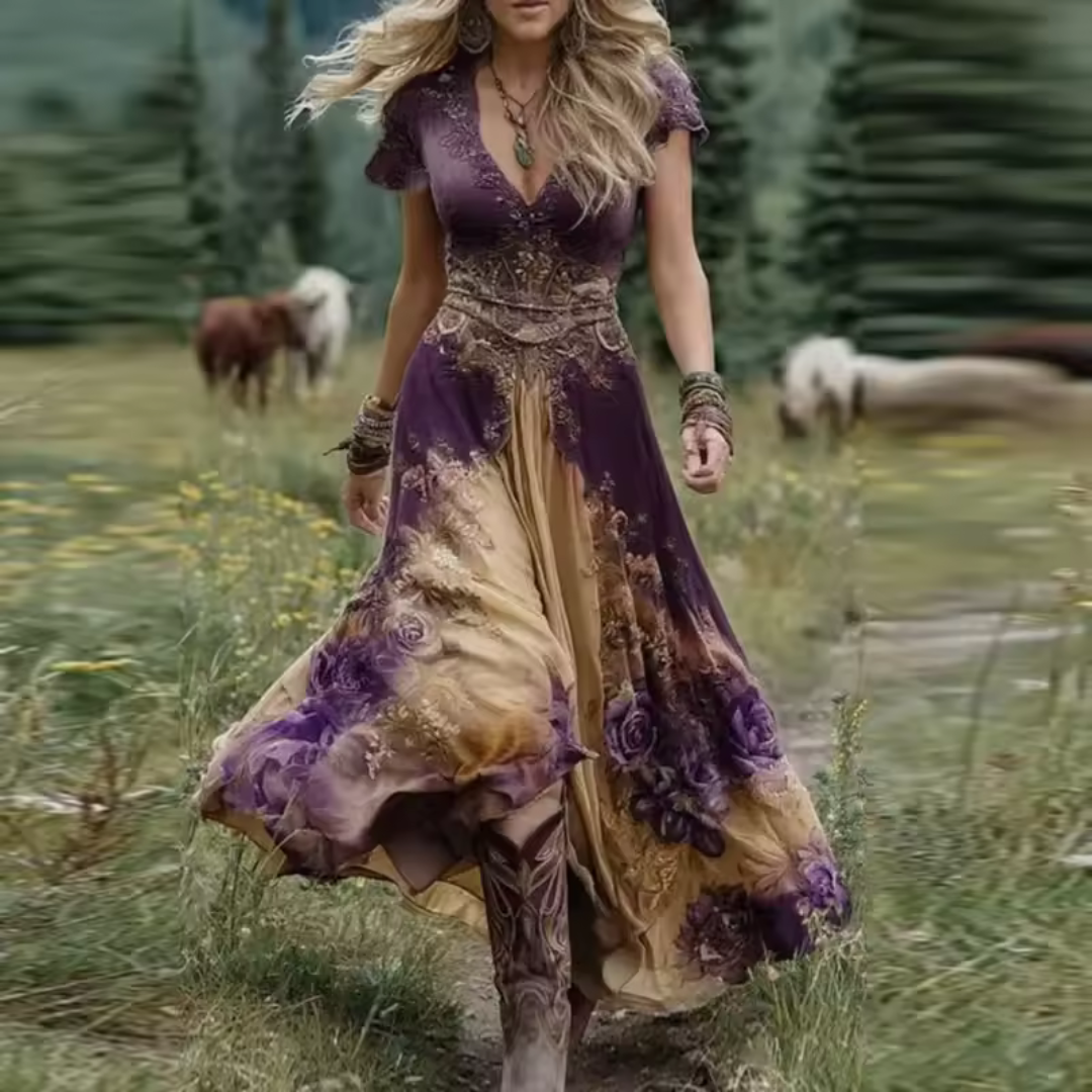 Women's Floral Casual Dress with V-Neck and Short Sleeves