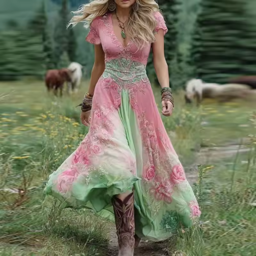 Women's Floral Casual Dress with V-Neck and Short Sleeves